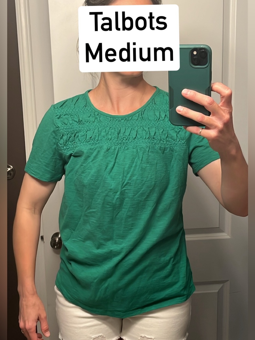 Talbots Emerald Green Short-Sleeve Smocked Yoke Tee. Cotton modal. medium.